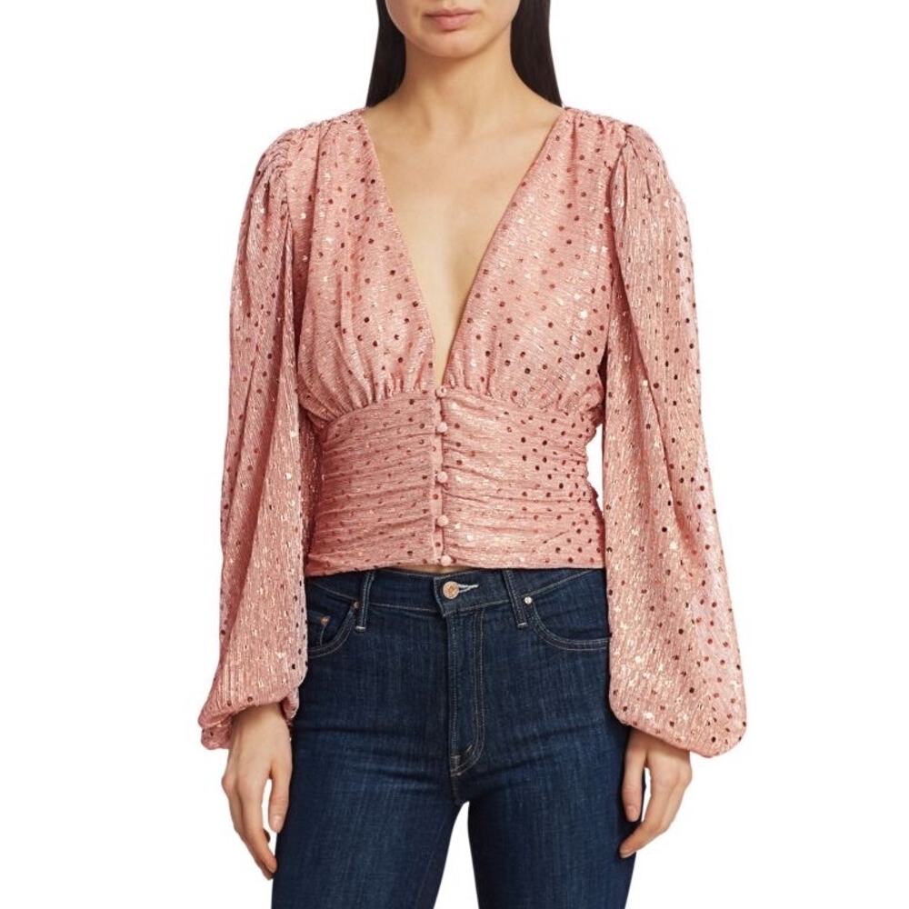For Love & Lemons La Villette Puff Sleeve Cropped Blouse Pink Small